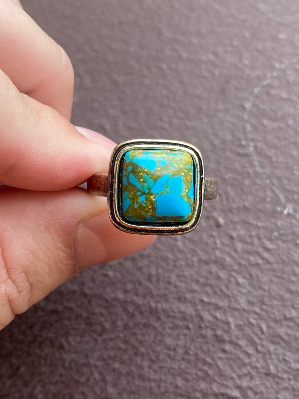 Turquoise Mosaic Square Tibetan Silver Ring Size 9.5